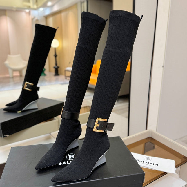 BALMAIN 26S HIGH-TOP BOOTS 75 MM IN BLACK FLYKNIT