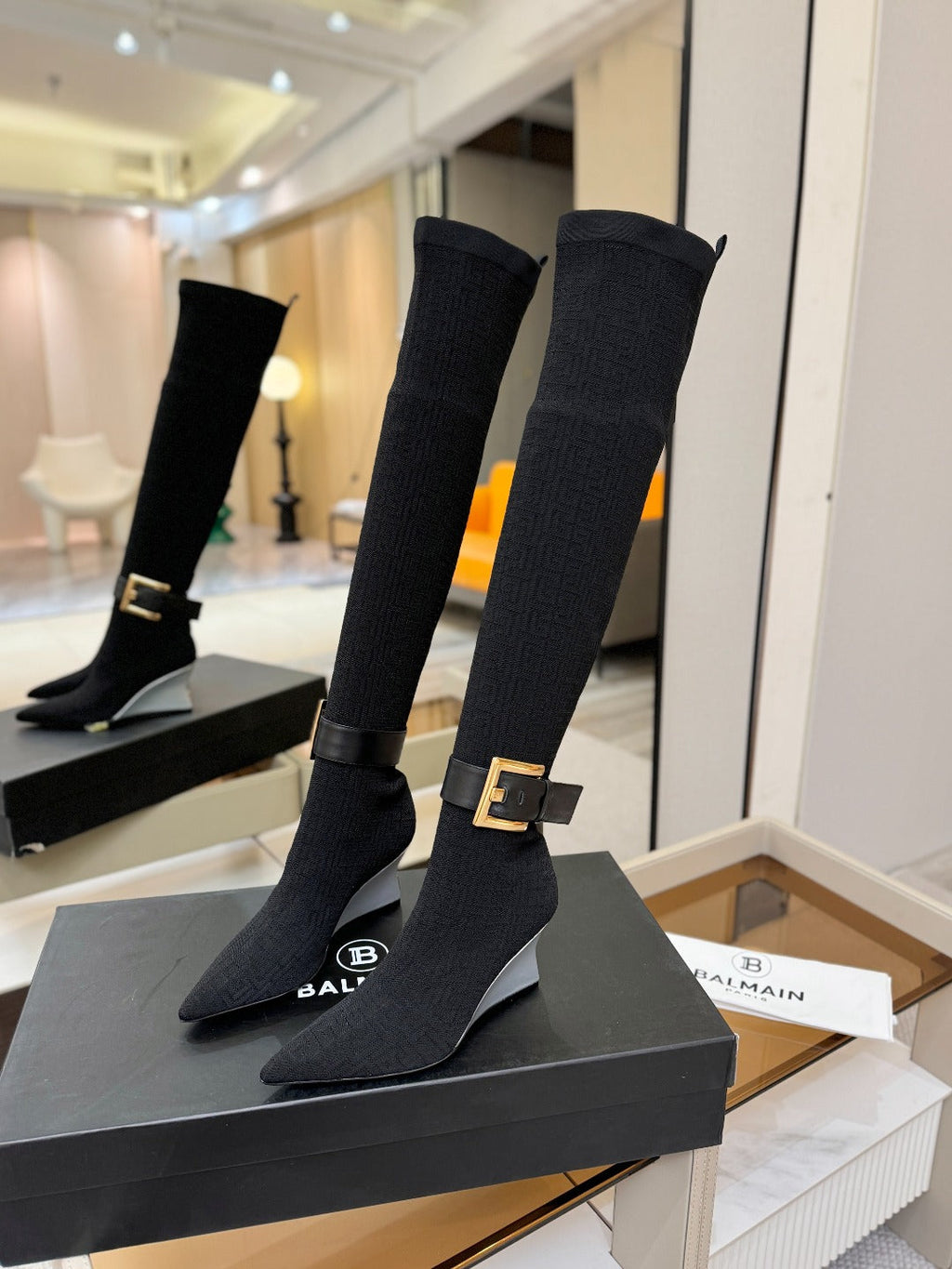 BALMAIN 26S HIGH-TOP BOOTS 75 MM IN BLACK FLYKNIT
