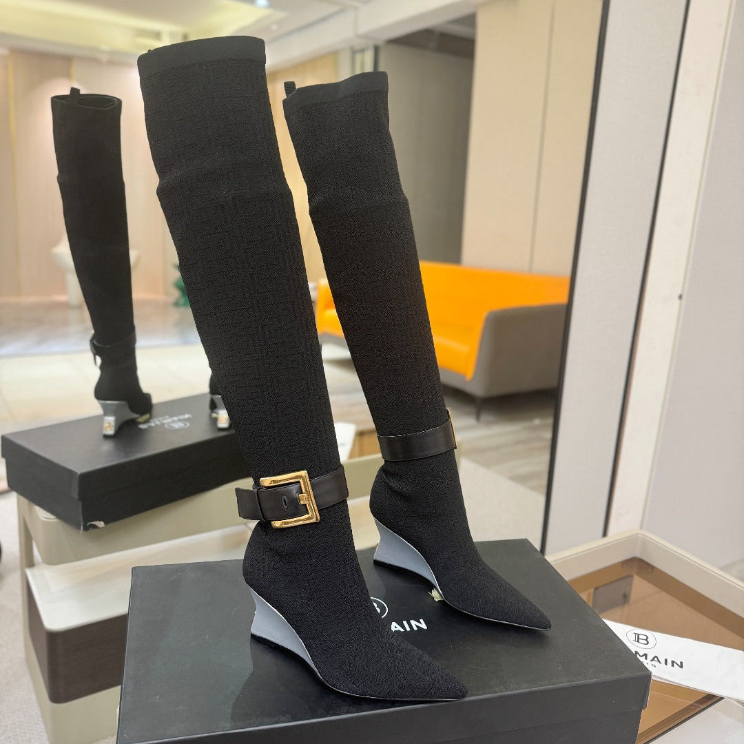 BALMAIN 26S HIGH-TOP BOOTS 75 MM IN BLACK FLYKNIT