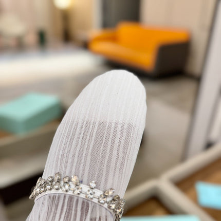 AQUAZZURA 26S FLAT MULES IN WHITE MESH CRYSTAL EMBELLISHMENTS