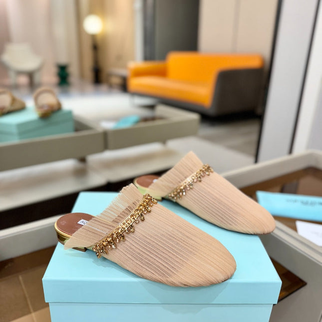 AQUAZZURA 26S FLAT MULES IN BEIGE MESH CRYSTAL EMBELLISHMENTS