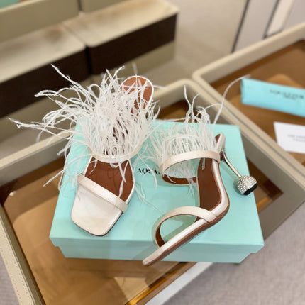 AQUAZZURA 26S FEATHER HEELED SANDALS 95 MM IN WHITE SATIN