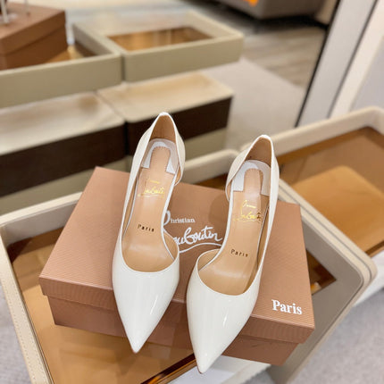 CHRISTIAN LOUBOUTIN 26S CUTOUT SIDE PUMP HEELS 105 MM IN WHITE PATENT CALFSKIN