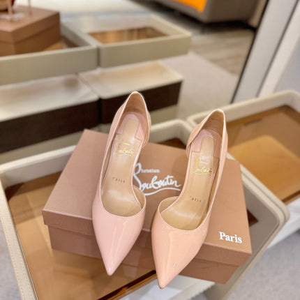 CHRISTIAN LOUBOUTIN 26S CUTOUT SIDE PUMP HEELS 105 MM IN NUDE PATENT CALFSKIN