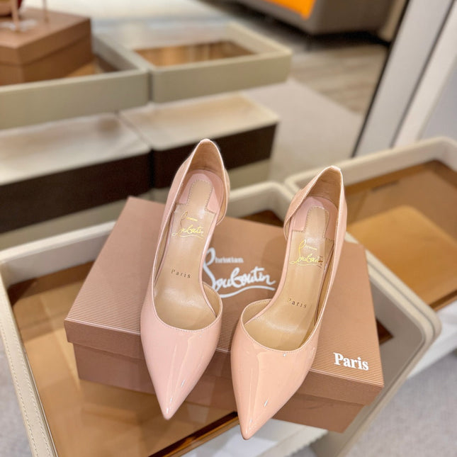 CHRISTIAN LOUBOUTIN 26S CUTOUT SIDE PUMP HEELS 105 MM IN NUDE PATENT CALFSKIN