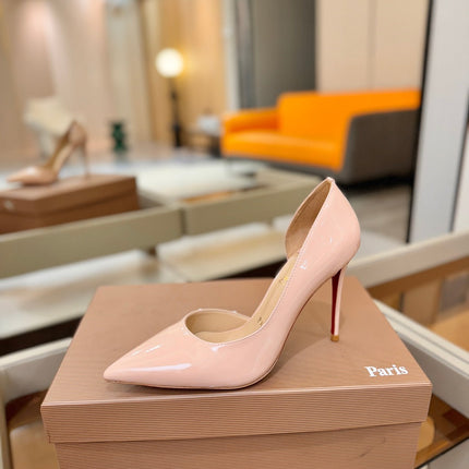 CHRISTIAN LOUBOUTIN 26S CUTOUT SIDE PUMP HEELS 105 MM IN NUDE PATENT CALFSKIN