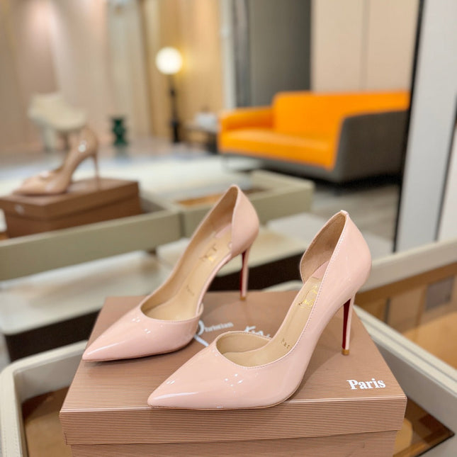 CHRISTIAN LOUBOUTIN 26S CUTOUT SIDE PUMP HEELS 105 MM IN NUDE PATENT CALFSKIN
