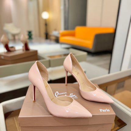 CHRISTIAN LOUBOUTIN 26S CUTOUT SIDE PUMP HEELS 105 MM IN NUDE PATENT CALFSKIN