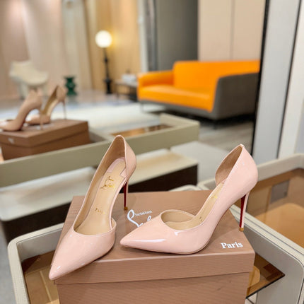 CHRISTIAN LOUBOUTIN 26S CUTOUT SIDE PUMP HEELS 105 MM IN NUDE PATENT CALFSKIN
