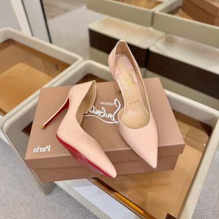 CHRISTIAN LOUBOUTIN 26S CUTOUT SIDE PUMP HEELS 105 MM IN NUDE PATENT CALFSKIN