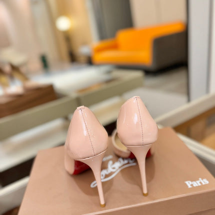 CHRISTIAN LOUBOUTIN 26S CUTOUT SIDE PUMP HEELS 105 MM IN NUDE PATENT CALFSKIN