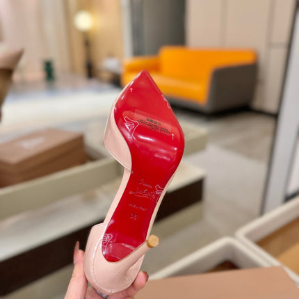 CHRISTIAN LOUBOUTIN 26S CUTOUT SIDE PUMP HEELS 105 MM IN NUDE PATENT CALFSKIN