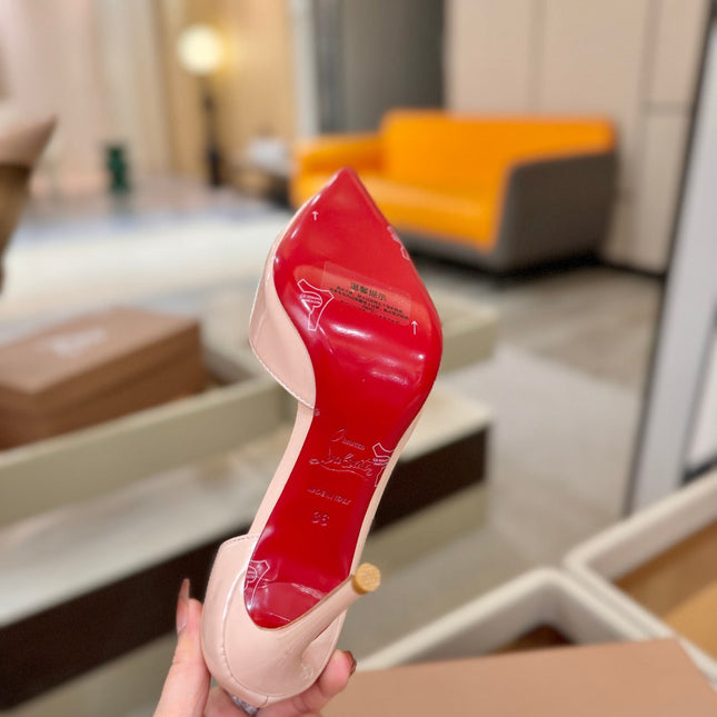 CHRISTIAN LOUBOUTIN 26S CUTOUT SIDE PUMP HEELS 105 MM IN NUDE PATENT CALFSKIN