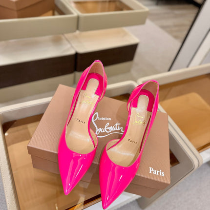 CHRISTIAN LOUBOUTIN 26S CUTOUT SIDE PUMP HEELS 105 MM IN DARK PINK PATENT CALFSKIN