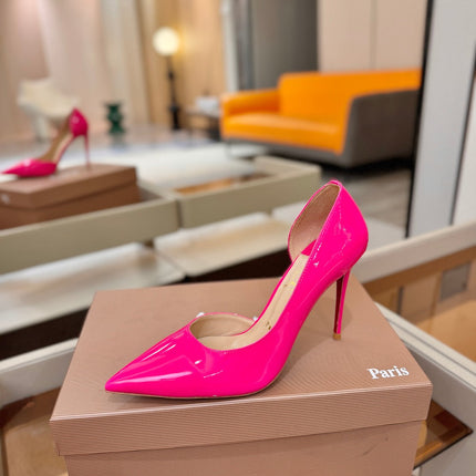 CHRISTIAN LOUBOUTIN 26S CUTOUT SIDE PUMP HEELS 105 MM IN DARK PINK PATENT CALFSKIN