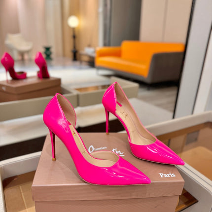 CHRISTIAN LOUBOUTIN 26S CUTOUT SIDE PUMP HEELS 105 MM IN DARK PINK PATENT CALFSKIN