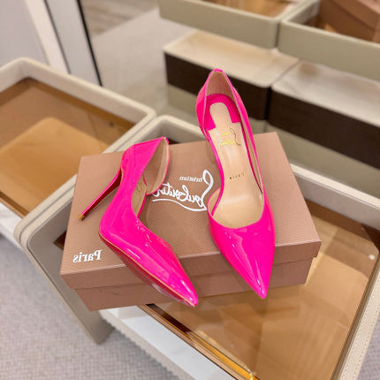 CHRISTIAN LOUBOUTIN 26S CUTOUT SIDE PUMP HEELS 105 MM IN DARK PINK PATENT CALFSKIN