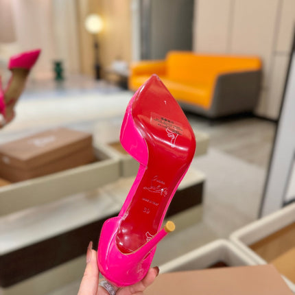 CHRISTIAN LOUBOUTIN 26S CUTOUT SIDE PUMP HEELS 105 MM IN DARK PINK PATENT CALFSKIN