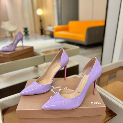 CHRISTIAN LOUBOUTIN 26S CUTOUT SIDE PUMP HEELS 105 MM IN LIGHT PURPLE PATENT CALFSKIN