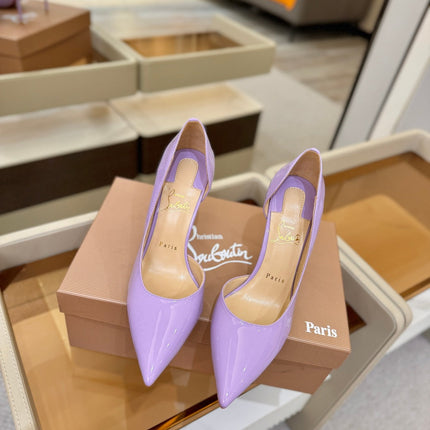 CHRISTIAN LOUBOUTIN 26S CUTOUT SIDE PUMP HEELS 105 MM IN LIGHT PURPLE PATENT CALFSKIN