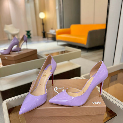 CHRISTIAN LOUBOUTIN 26S CUTOUT SIDE PUMP HEELS 105 MM IN LIGHT PURPLE PATENT CALFSKIN