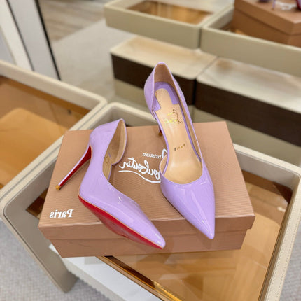 CHRISTIAN LOUBOUTIN 26S CUTOUT SIDE PUMP HEELS 105 MM IN LIGHT PURPLE PATENT CALFSKIN