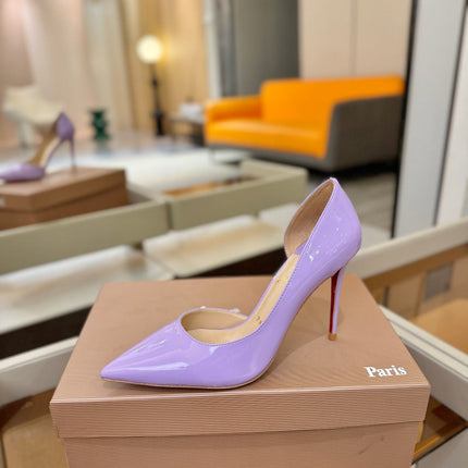CHRISTIAN LOUBOUTIN 26S CUTOUT SIDE PUMP HEELS 105 MM IN LIGHT PURPLE PATENT CALFSKIN