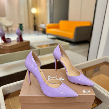 CHRISTIAN LOUBOUTIN 26S CUTOUT SIDE PUMP HEELS 105 MM IN LIGHT PURPLE PATENT CALFSKIN