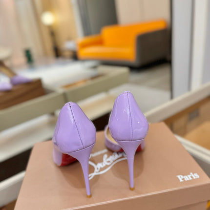 CHRISTIAN LOUBOUTIN 26S CUTOUT SIDE PUMP HEELS 105 MM IN LIGHT PURPLE PATENT CALFSKIN