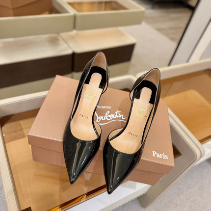 CHRISTIAN LOUBOUTIN 26S CUTOUT SIDE PUMP HEELS 105 MM IN BLACK PATENT CALFSKIN