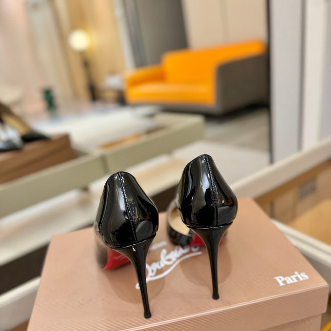 CHRISTIAN LOUBOUTIN 26S CUTOUT SIDE PUMP HEELS 105 MM IN BLACK PATENT CALFSKIN