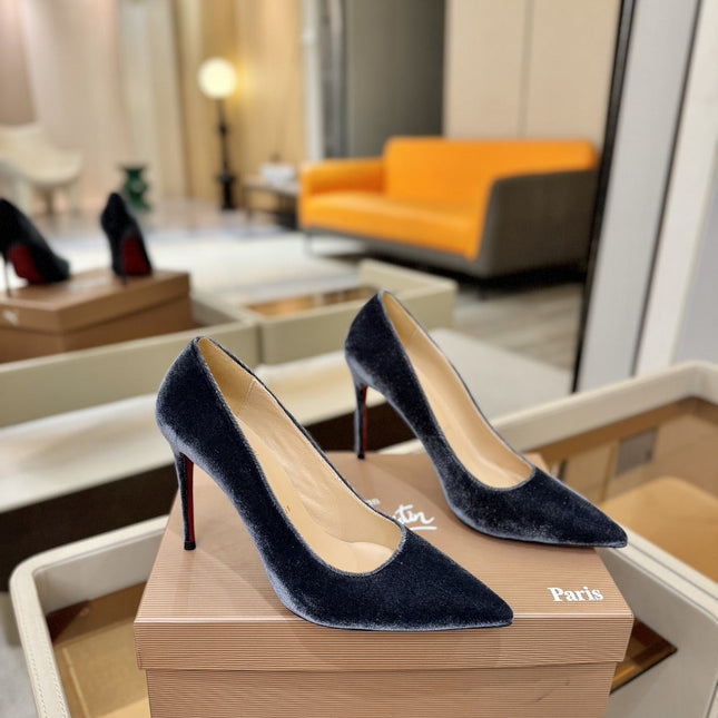 CHRISTIAN LOUBOUTIN 26S PUMP HEELS 105 MM IN NAVY GREY VELVET