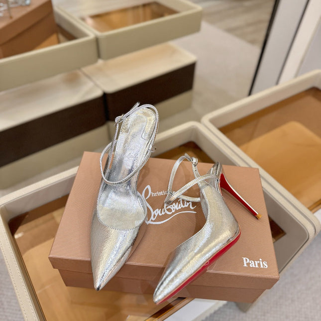 CHRISTIAN LOUBOUTIN 26S JENLOVE HEEL SLINGBACKS 105 MM IN SILVER CALFSKIN