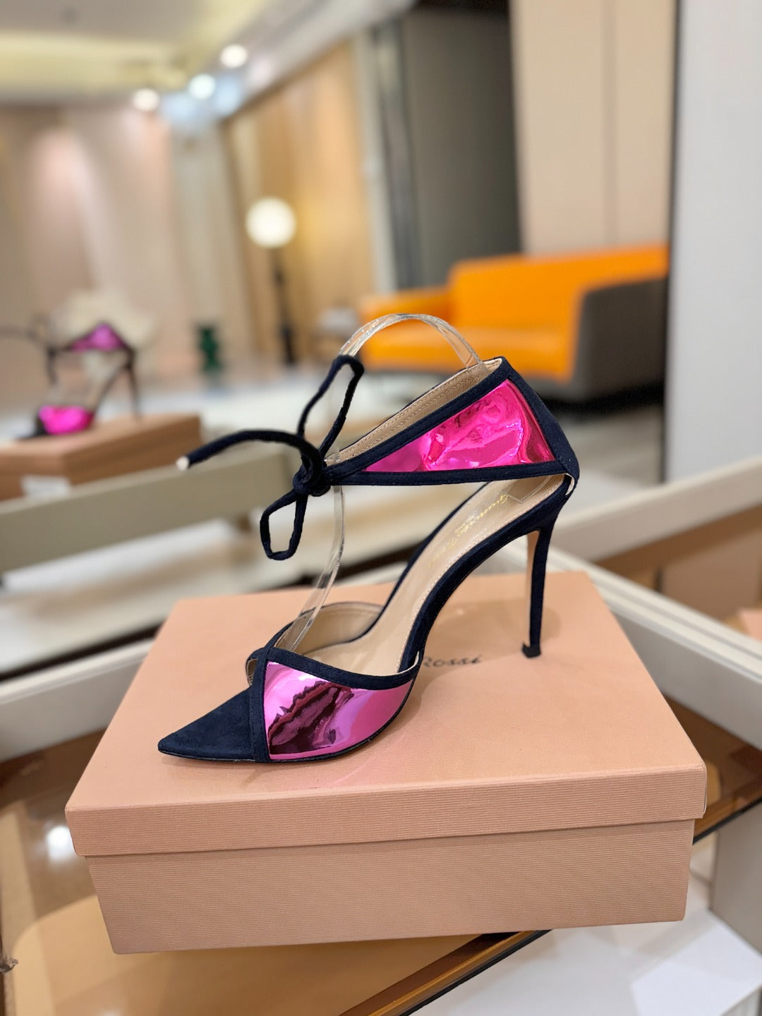GIANVITO ROSSI 26S HEELS 105 MM IN NAVY BLUE SUEDE AND METALLIC PINK CALFSKIN