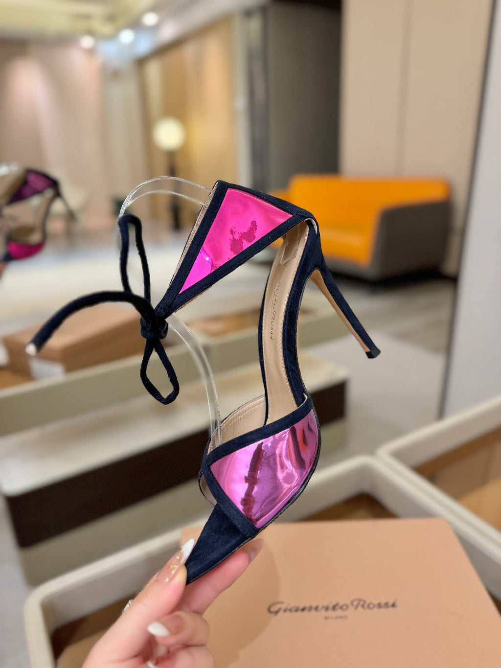 GIANVITO ROSSI 26S HEELS 105 MM IN NAVY BLUE SUEDE AND METALLIC PINK CALFSKIN