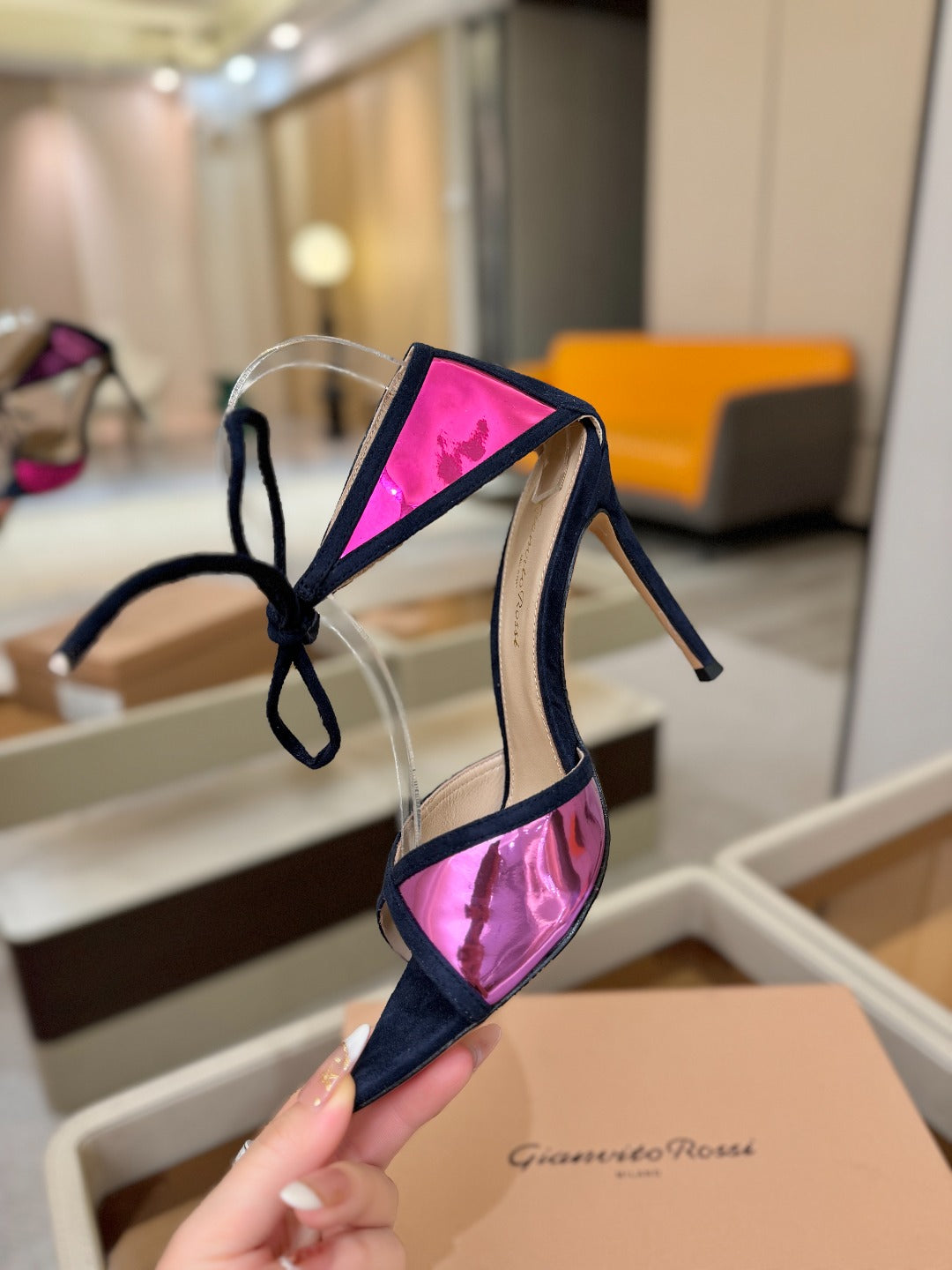 GIANVITO ROSSI 26S HEELS 105 MM IN NAVY BLUE SUEDE AND METALLIC PINK CALFSKIN