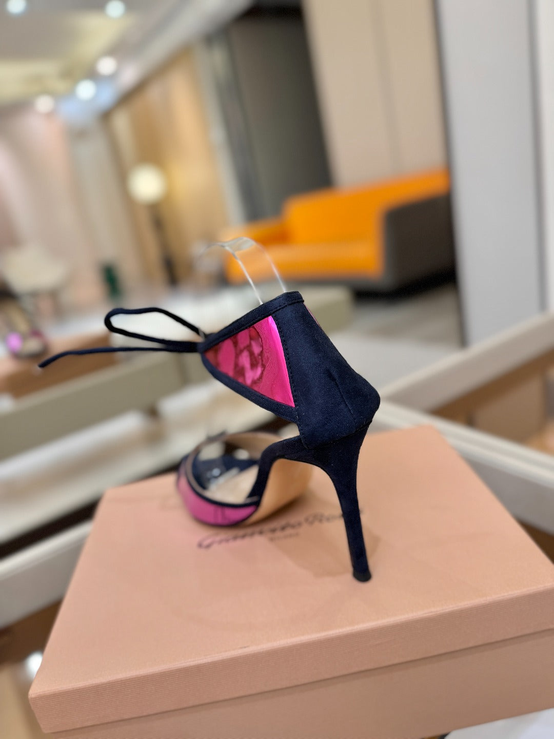 GIANVITO ROSSI 26S HEELS 105 MM IN NAVY BLUE SUEDE AND METALLIC PINK CALFSKIN
