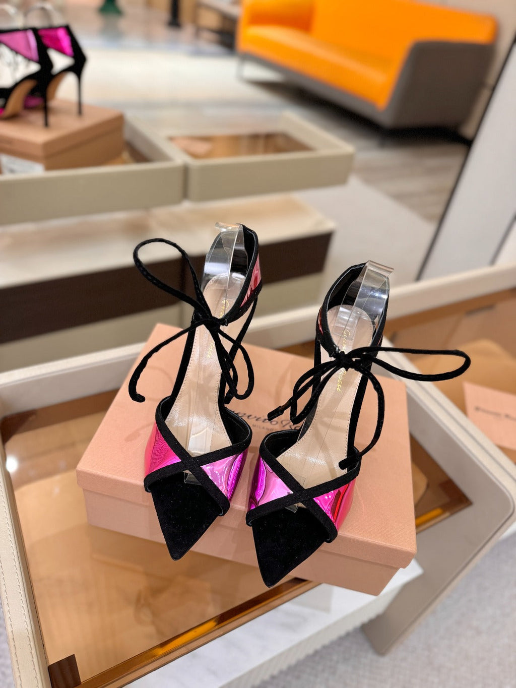 GIANVITO ROSSI 26S HEELS 105 MM IN BLACK SUEDE AND METALLIC PINK CALFSKIN