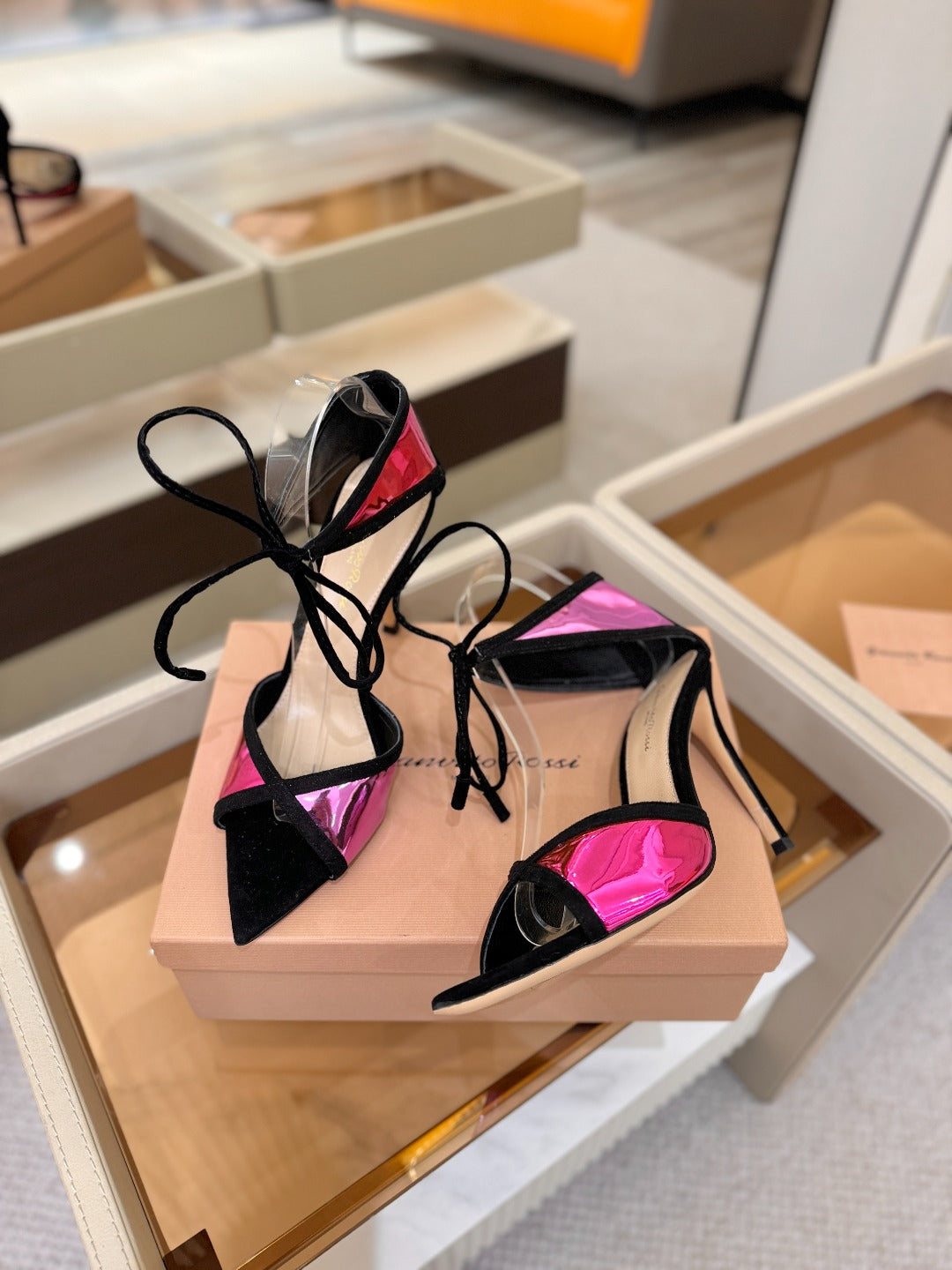 GIANVITO ROSSI 26S HEELS 105 MM IN BLACK SUEDE AND METALLIC PINK CALFSKIN