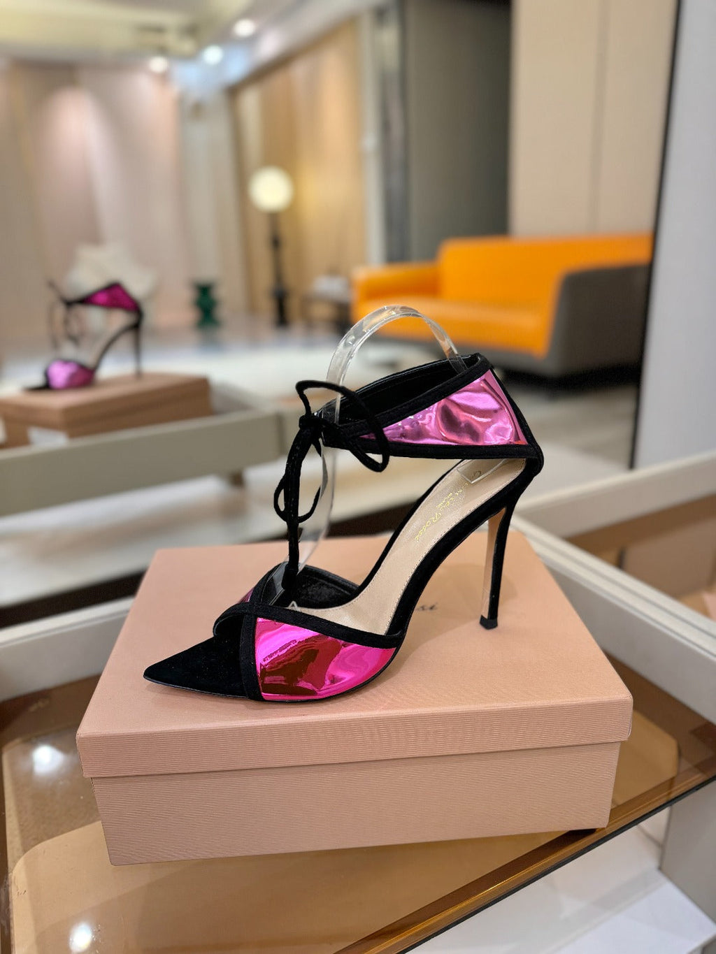 GIANVITO ROSSI 26S HEELS 105 MM IN BLACK SUEDE AND METALLIC PINK CALFSKIN