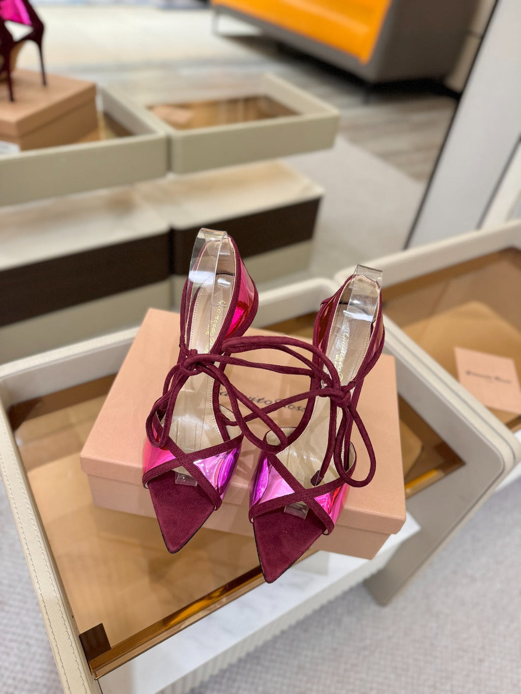 GIANVITO ROSSI 26S HEELS 105 MM IN DARK RED SUEDE AND METALLIC PINK CALFSKIN