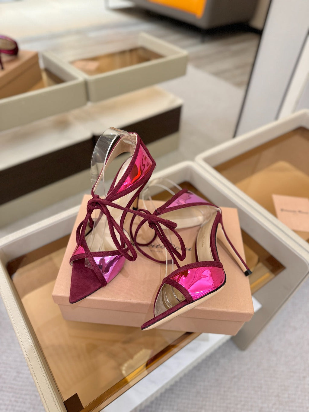 GIANVITO ROSSI 26S HEELS 105 MM IN DARK RED SUEDE AND METALLIC PINK CALFSKIN