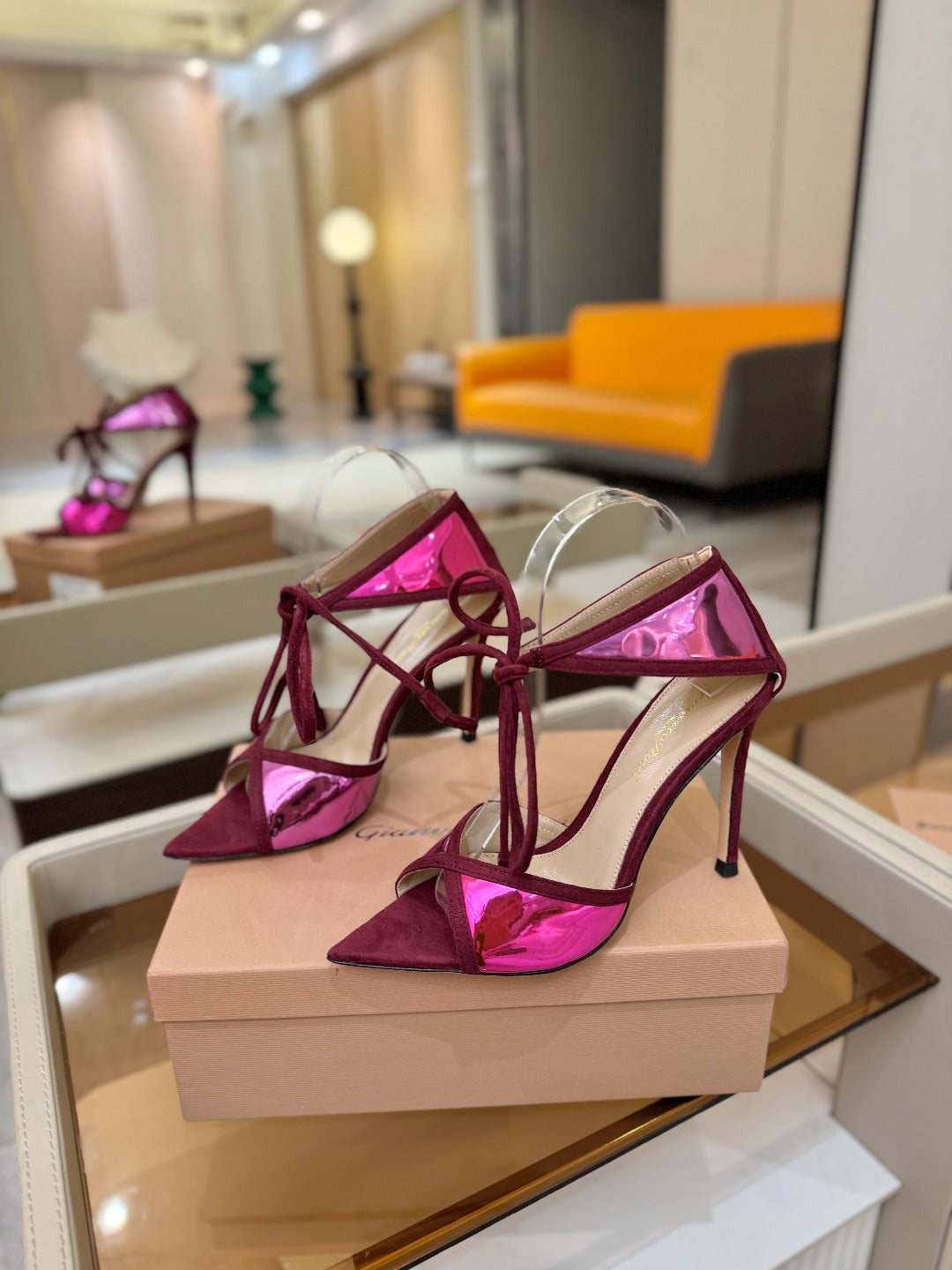 GIANVITO ROSSI 26S HEELS 105 MM IN DARK RED SUEDE AND METALLIC PINK CALFSKIN