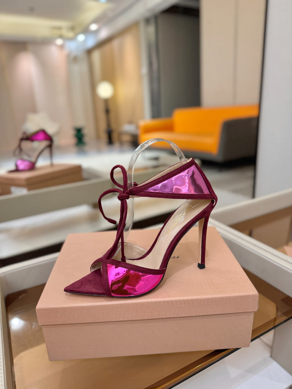 GIANVITO ROSSI 26S HEELS 105 MM IN DARK RED SUEDE AND METALLIC PINK CALFSKIN