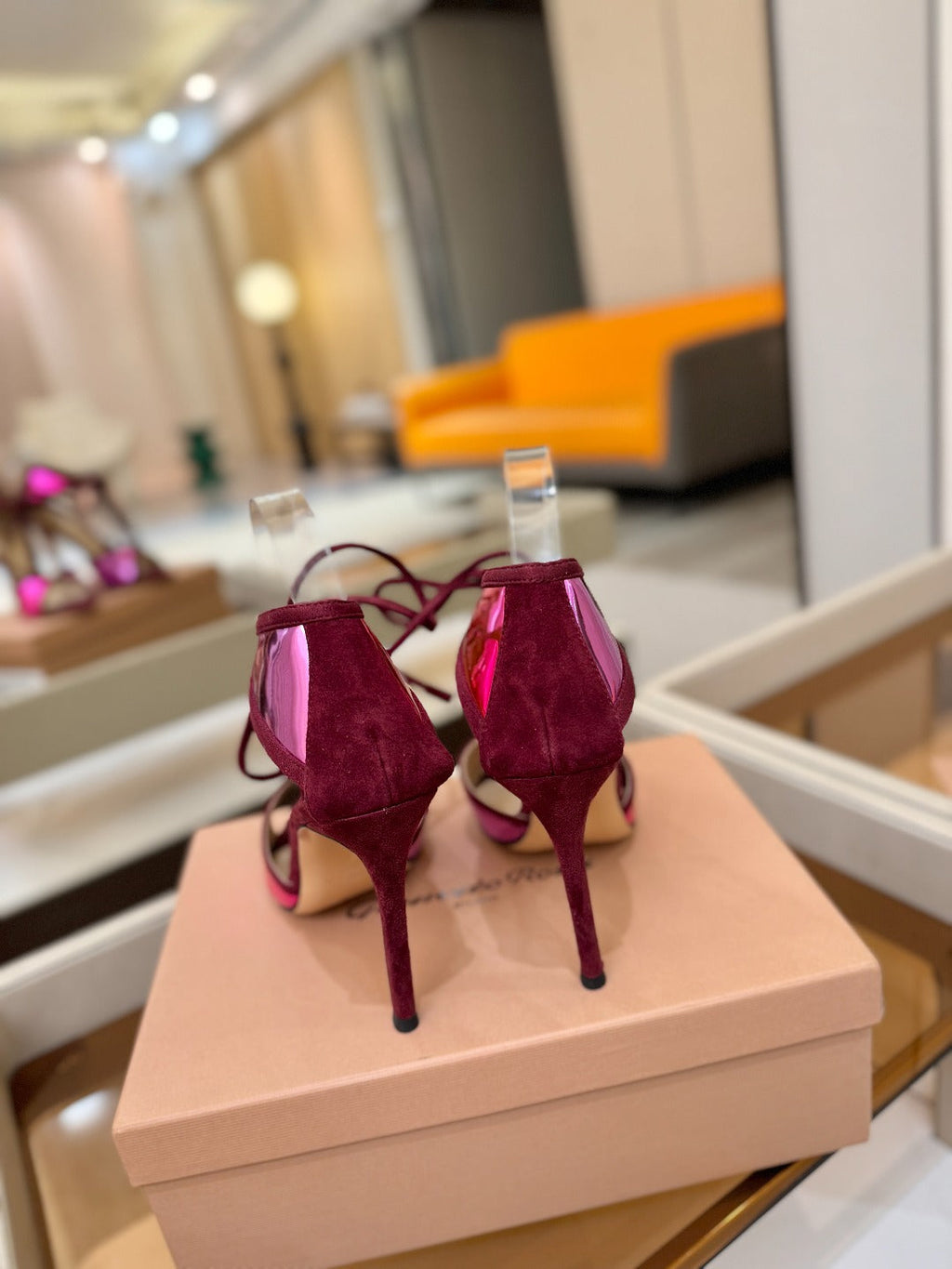GIANVITO ROSSI 26S HEELS 105 MM IN DARK RED SUEDE AND METALLIC PINK CALFSKIN
