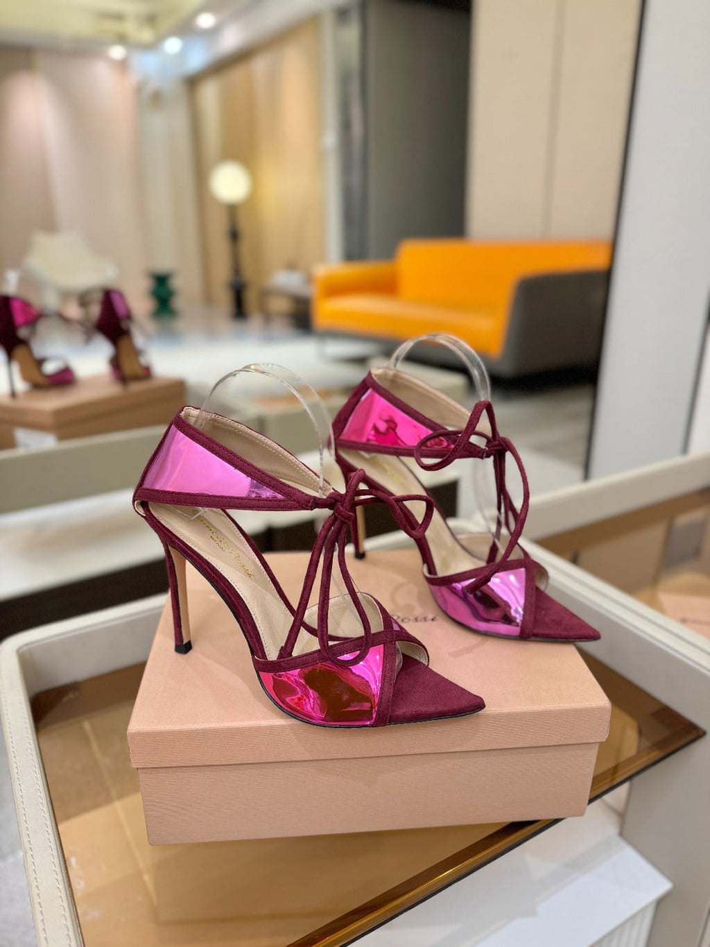 GIANVITO ROSSI 26S HEELS 105 MM IN DARK RED SUEDE AND METALLIC PINK CALFSKIN