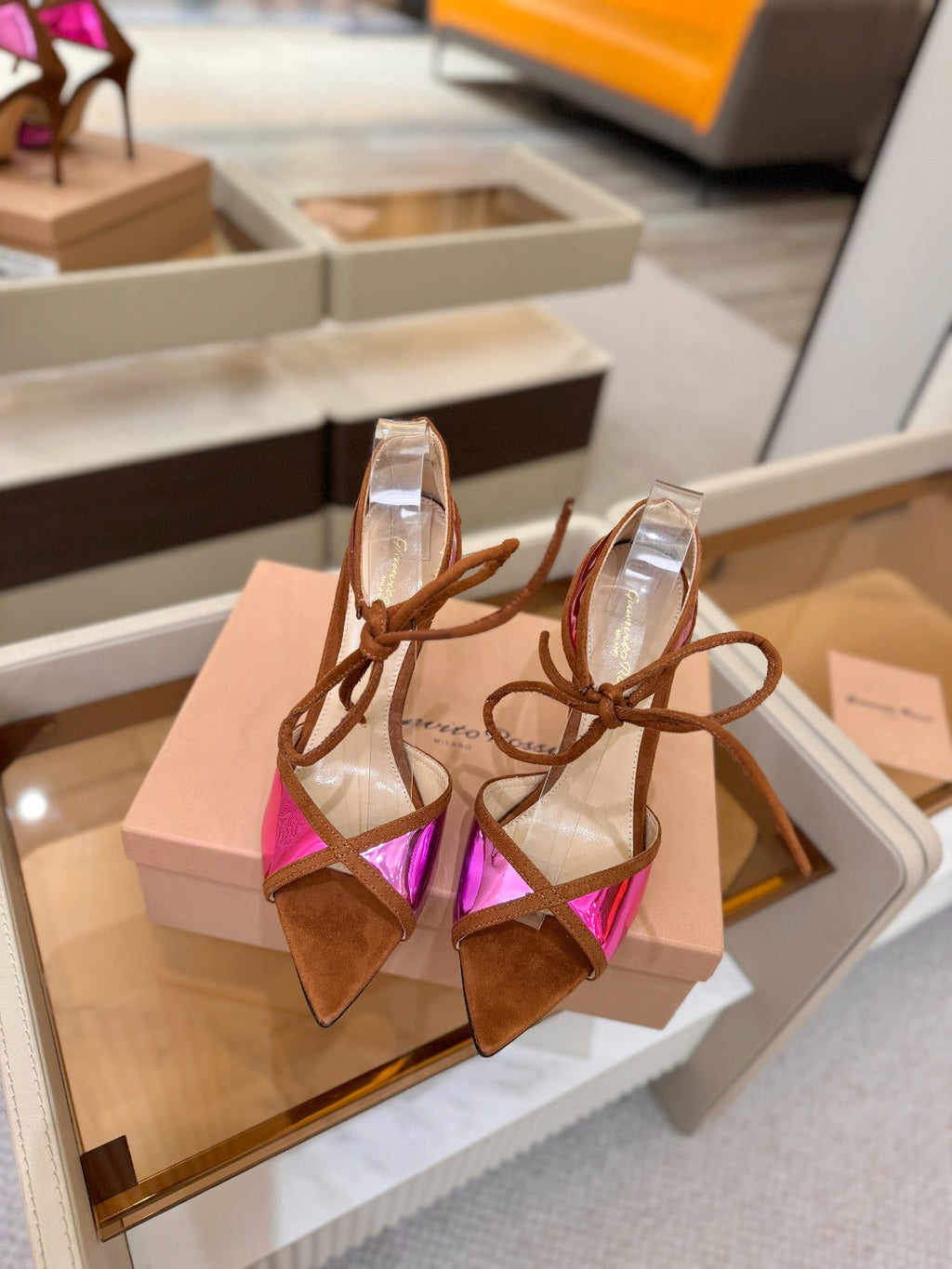 GIANVITO ROSSI 26S HEELS 105 MM IN BROWN SUEDE AND METALLIC PINK CALFSKIN
