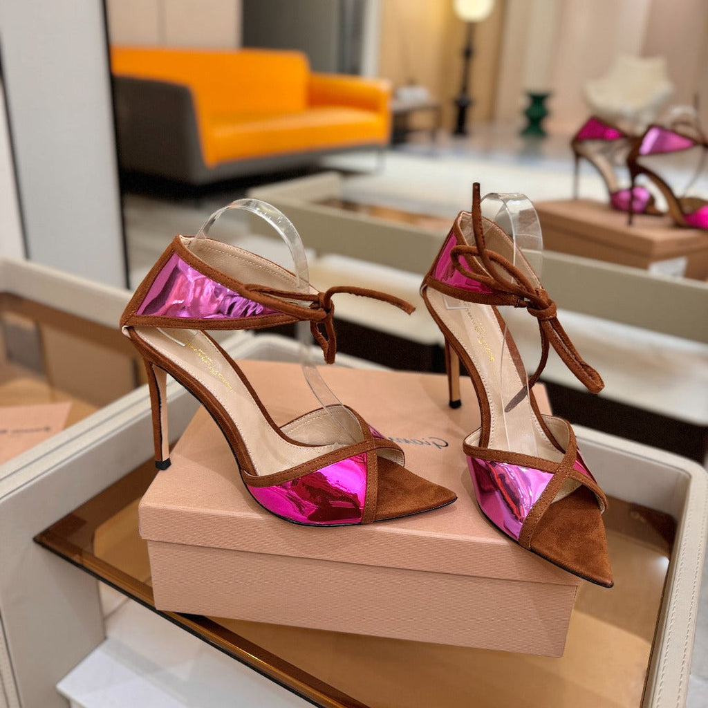 GIANVITO ROSSI 26S HEELS 105 MM IN BROWN SUEDE AND METALLIC PINK CALFSKIN