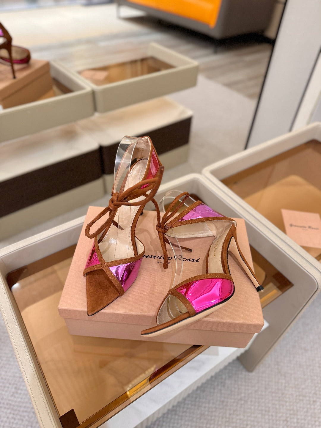 GIANVITO ROSSI 26S HEELS 105 MM IN BROWN SUEDE AND METALLIC PINK CALFSKIN