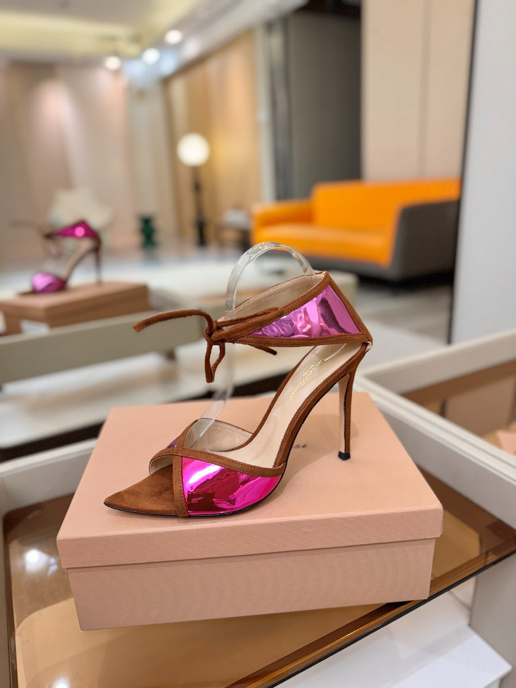 GIANVITO ROSSI 26S HEELS 105 MM IN BROWN SUEDE AND METALLIC PINK CALFSKIN